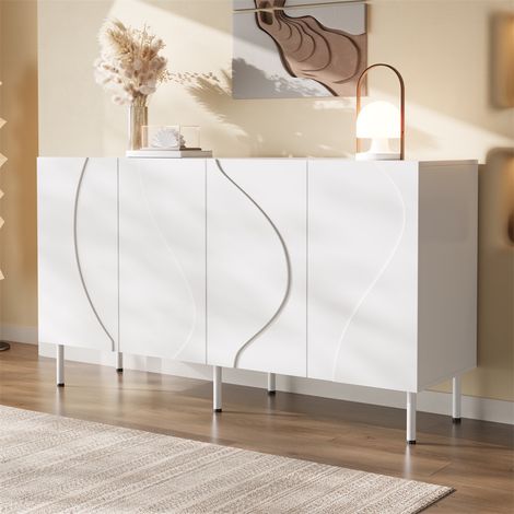 Buffet Sideboard Design Lignes Ondulées - 140x40x77.5cm - 4 Portes Push-to-Open Commode Moderne en Bois et Métal - Blanc (1/5)