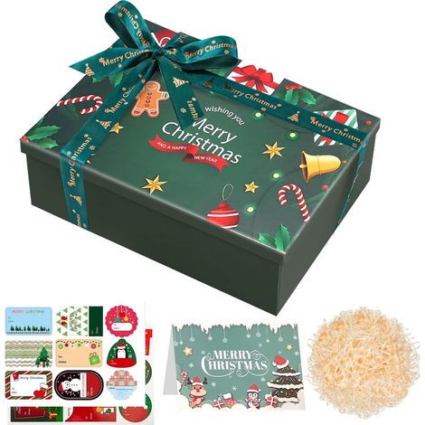 Luxuriöse Weihnachtsgeschenkbox mit Deckel und Bast, 290 x 220 x 105 mm, Grün, große Geschenkbox mit 18 zufällig ausgewählten Klebefolien und Karte (1/4)