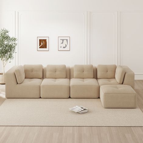 Canapé d'angle modulaire 4 places beige en velours côtelé sans montage (1/5)