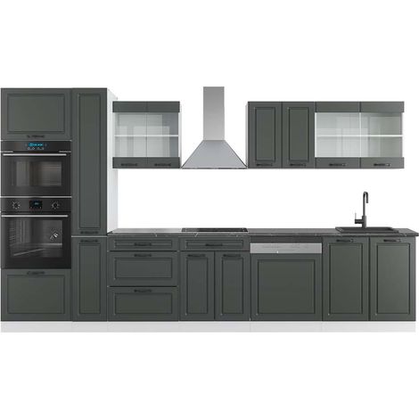 Küchenzeile R-Line, Anthrazit Landhaus/Weiß, 350 cm mit Hochschrank, AP Anthrazit, Vicco