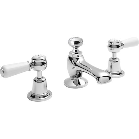 Old London Topaz White Lever Chrome 3 Tap Hole Basin Mixer Tap with Dome Collar - BC307DL