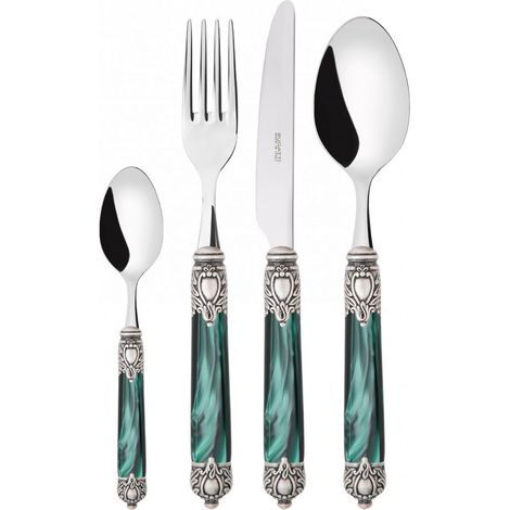 Set posate 24 pezzi in scatola Compact Rinascimento ghiera argento antico Verde Madreperla Bugatti