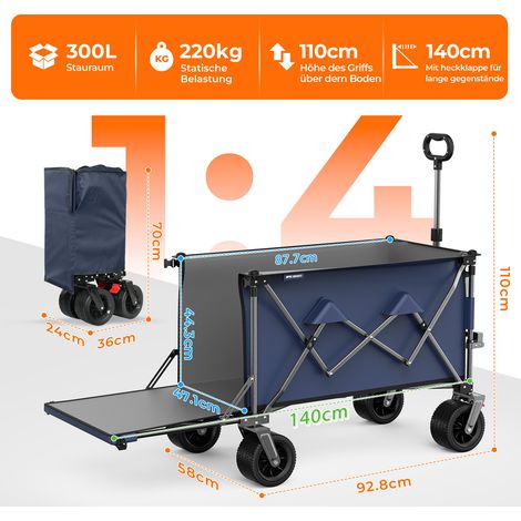 Carro plegable 140 cm con pared trasera extensible y ruedas todoterreno, estructura de acero azul gris (1/5)