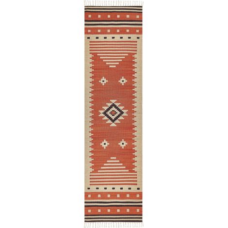 Tappeto Kilim in cotone a motivo geometrico reversibile con frange 80 x 300 cm Multicolore Gavar