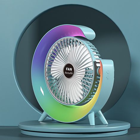 Ventilateur de bureau (bleu) 15 cm avec éclairage LED – Rechargeable par USB, flux d'air puissant, contrôle intelligent de la vitesse, fonctionnement silencieux, ventilateur compact pour la maison (1/3)