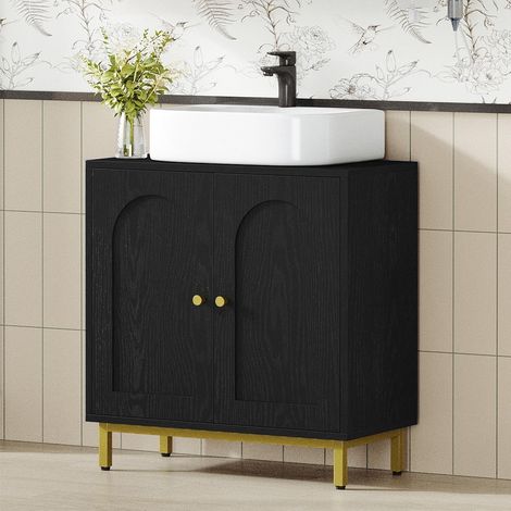 Meuble bas de salle de bain noir avec 2 portes – Étagère réglable – Dimensions 30 x 60 x 63 cm – Résistant à l'humidité (1/4)