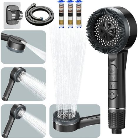 Pommeau de Douche Haute Pression, 4 Types de Jets avec Bouton D'arrêt D'eau Pommeau de Douche Anti Calcaire avec Tuyau Douche 1.5M et Support de Douche, Pommeau Douche Economie, Gris (1/5)