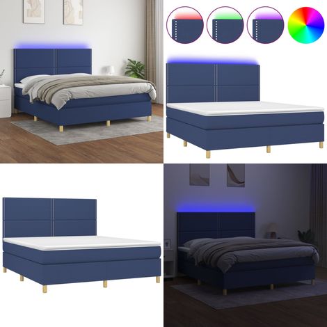 Cama box spring colchón y luces LED tela azul 180x200 cm - Cama con cabecero ajustable - Colchón con luz LED