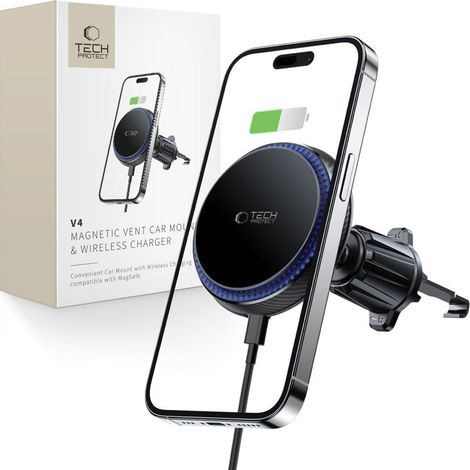 TECH-PROTECT MM15W-V4 SUPPORTO MAGNETICO PER AUTO CON VENTOLA, CARICABATTERIE WIRELESS 15W NERO