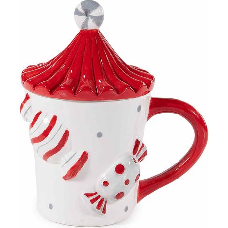 Tasses de Noël en céramique à bonbons en relief et couvercle chapiteau de cirque, lot de 4, diam. 9,5 cm x H. 10 cm