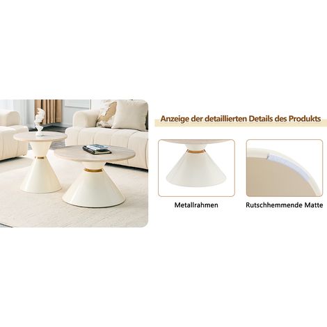 Ensemble de 2 tables gigognes crème et doré, plateau mélaminé effet travertin avec pieds coniques en métal, pour salon (1/5)