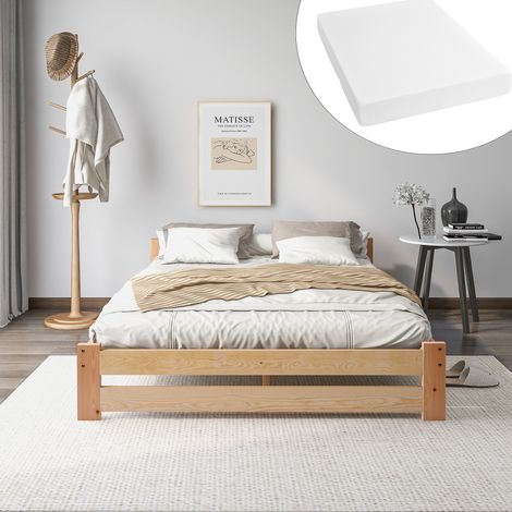 Cama doble de madera maciza de pino natural de 140x200 cm con cabecero y somier de láminas. (1/5)
