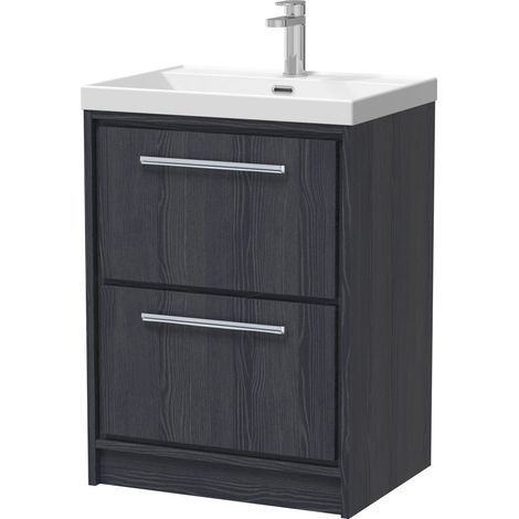 Longnor 2 Drawer Floor Standing Vanity Unit with 1 Tap Hole Thin Edge Basin, Woodgrain Graphite Grey, 600mm (1/4)