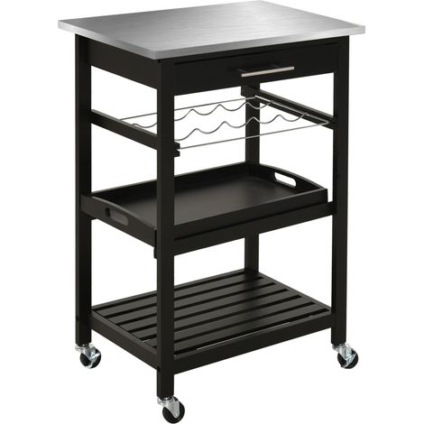 Homcom – Chariot de service desserte de cuisine à roulettes – Dimensions 60L x 40I x 85H cm – Plateau acier inox et MDF pin noir – Charge max 50 kg
