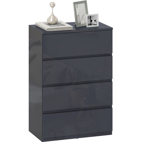 Commode 4 tiroirs, meuble de rangement à haute brillance, fermeture douce et silencieuse, 55 x 34 x 80 cm, gris