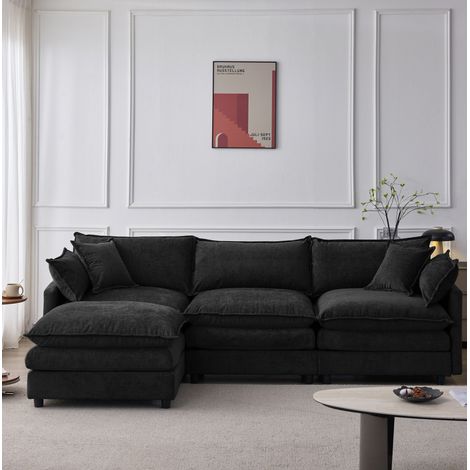 Sofá modular en L 3 plazas con chaise longue y puf de chenilla negra 267x154x85 cm OKWISH (1/5)
