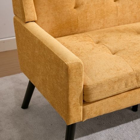Banc en lin haut de gamme (2 places) avec pieds antidérapants en bois massif et coussin en mousse haute densité – Banc d'appoint capitonné pour salon, chambre et bureau