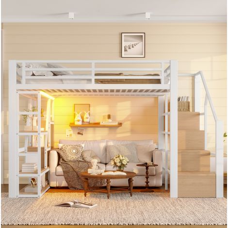 MEUBLIV Hochbett 140x200 cm weiß – LED und Stauraum, ohne Matratze (1/5)
