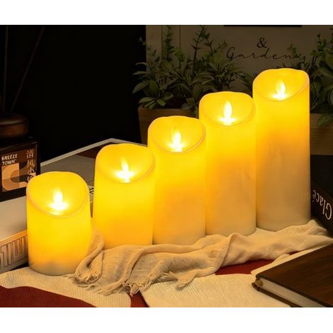 Lot de 5 bougies d'extérieur étanches avec lumière LED, sans fil et sûres, 7,5 x 10, 12,5, 15, 17,5, 20 cm, bougie LED clignotante, minuterie et fonctionne sur piles (1/4)