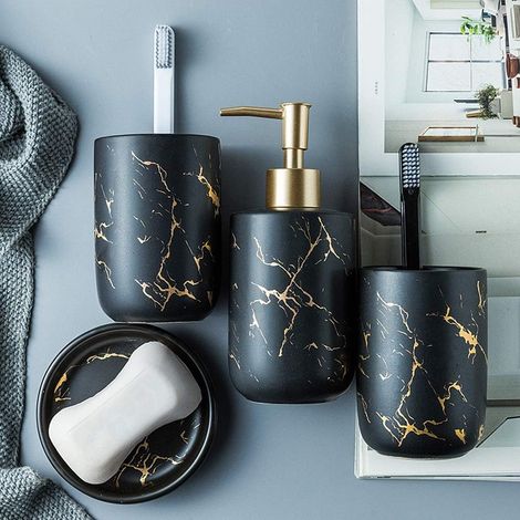 Edles Bad-Accessoire-Set, elegantes 4-teiliges Bad-Accessoire mit Marmor-Seifenspender, Seifenschale und Zahnputzbecher, Badezimmer-Accessoire-Set aus Keramik