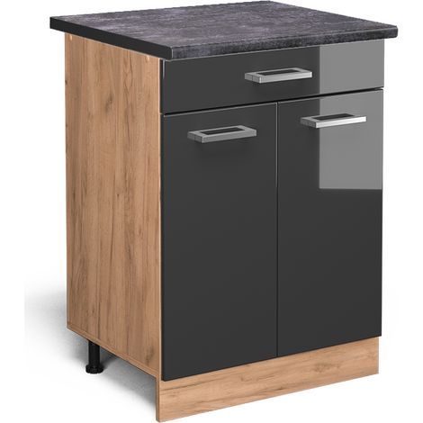 Mobiletto base per cucina R-Line, Antracite lucido, 60 cm con cassetto, PL Antracite, Vicco