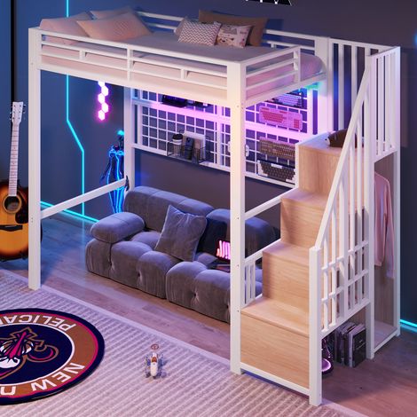 Letto rialzato 90x200 cm con armadio, scala portaoggetti e illuminazione LED in metallo, bianco, senza materasso (1/5)