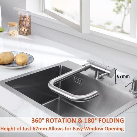 Mitigeur Cuisine Rabattable, Robinet Cuisine Pliable, 2 modes de jet Robinet de Cuisine Sous Fenêtre Pliable à 180°/Rotatif à 360°, Argent brossé