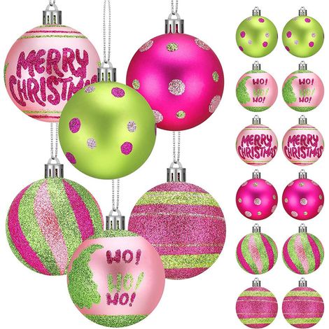 Kreatives Weihnachtskugel-Set in Rosa und Limettengrün – dekorierter Weihnachtsbaumschmuck mit Glitzer und Weihnachtsschriftzug – Partydekoration für Weihnachten und Baumschmuck (1/5)