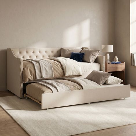 Divano letto 90x200 cm con letto estraibile, in Lino, con borchie, Beige (1/5)