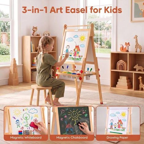 Chevalet enfant 3 en 1 réversible en bois naturel avec tableau blanc magnétique et rouleau de papier, pliable pour atelier et école (1/5)
