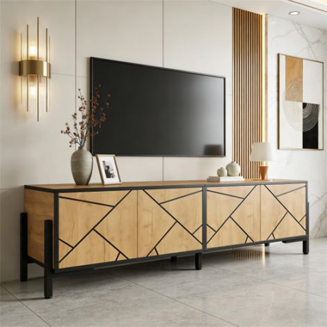 Meuble TV 153x40x50 cm - 4 portes - TV jusqu'à 65 pouces - Pieds robustes - MDF - Naturel