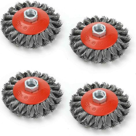 Lot de 4 brosses métalliques pour meuleuse d'angle de 115 mm, brosse métallique à nœud torsadé Ø 100 mm, filetage M14 x 2, convient pour le nettoyage intensif, le décapage, la peinture, l'élimination (1/5)