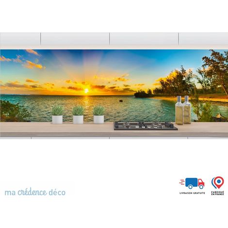 Crédence : Ile Maurice et soleil, Panoramique - Couleur Vert oxyde - Alu composite - 60 - 120 (1/3)