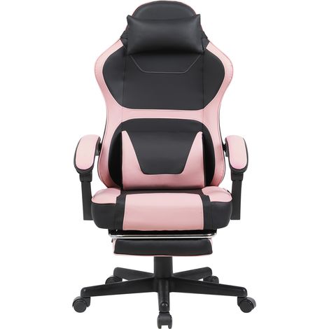 Chaise gaming ergonomique de style kawaii (rose et noir) avec repose-pieds rétractable et double coussin lombaire – polyvalente pour le télétravail et les pauses détente. (1/5)