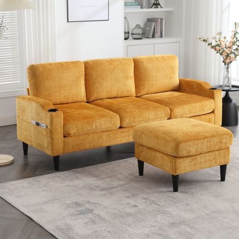 Sofá 4 plazas 196.5x75x77 cm amarillo en chenilla con otomana de almacenaje (1/5)