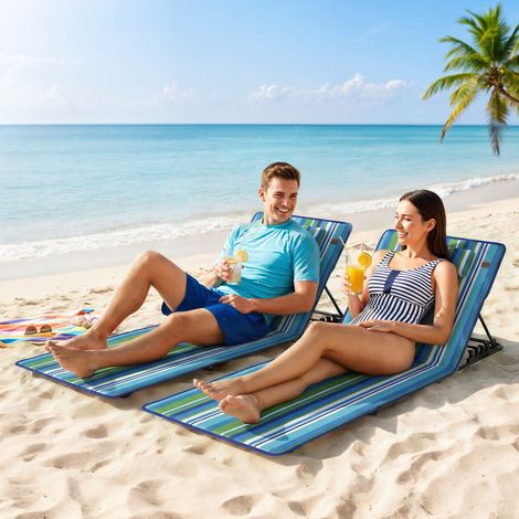 Set di 2 materassini da spiaggia con schienale regolabile, pieghevoli, leggeri, lettini prendisole con poggiatesta e borsa per il trasporto. (1/5)