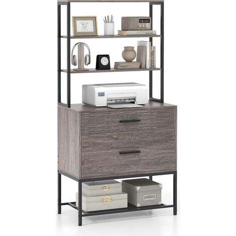 Costway – Caisson bureau avec bibliothèque 3 niveaux – Support imprimante – 2 tiroirs pour dossiers A4 et légaux – Dimensions 75 x 40 x 156 cm – Gris (1/5)