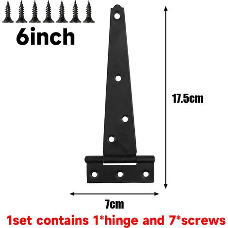 Charnières métalliques en T noires robustes (15 cm - 1 jeu) avec vis pour clôtures en bois extérieures, granges, abris de jardin, portails et portes. Résistantes à la rouille. (1/5)