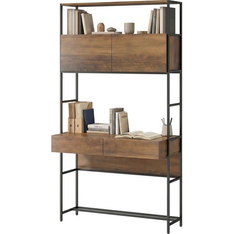 Bureau ordinateur 2 tiroirs 100x45x185 cm portes étagères ouvertes, marron (1/5)