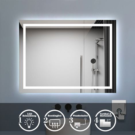 Badezimmer Spiegel 70x50cm Kaltweiß mit Beschlagfrei Wandspiegel mit Wandschalter Horizontal und Vertikal (1/5)