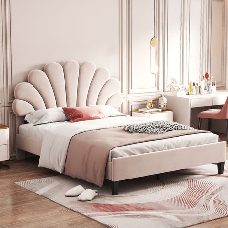 Letto imbottito moderno 140x200 cm in velluto beige con testiera floreale, rete a doghe inclusa (1/5)
