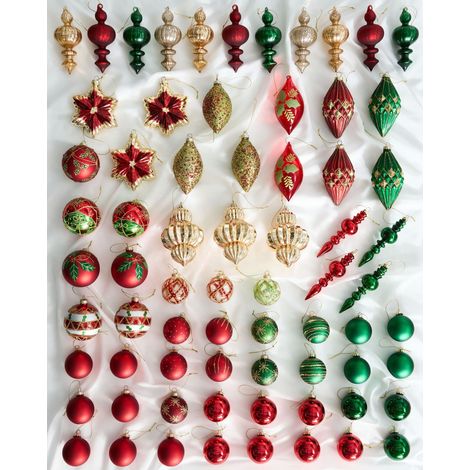 Set of 70 Christmas Baubles Red and Green Glass Hanging Decor Traditional Style Christmas Balls Holiday Tree TWINKLE