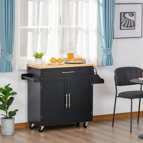 Mehrzweck-Küchenwagen mit Schublade, Rollen, Gewürzregal und Schrank, Küchenschrank mit verstellbarem Einlegeboden, Handtuchhalter und Arbeitsplatte aus Gummibaumholz, 109 x 40 x 89 cm, Schwarz