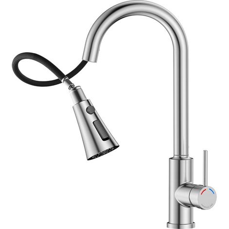 Robinet de Cuisine à Ressort avec Douchette Extractible, Mitigeur Évier Bec Haut Pivotant 360°, 4 Modes de Jet, Acier Inoxydable Brossé, Installation 1 Trou (38,6 cm) (1/3)