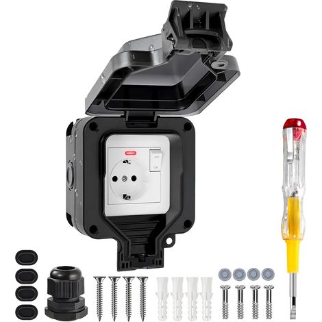 Prise Extérieure Étanche IP66 avec Interrupteur et Témoin Lumineux LED, Résistante aux Intempéries, pour Jardin, Terrasse et Zones Humides, Fixation Murale (Noir) (1/5)