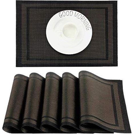 Manteles individuales lavables, juego de 6, fabricados en PVC, resistentes al calor, manteles individuales de vinilo, 30 x 45 cm, negro (1/5)