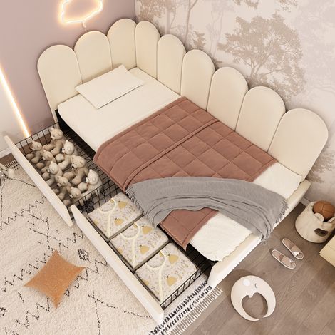 Lit banquette 90x190 cm lit simple avec 2 tiroirs, côtés réversibles, sommier à lattes, velours beige (1/5)