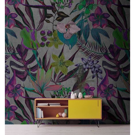 Papier peint panoramique violet et vert jungle | Tapisserie panoramique idéale pour chambre | Papier peint panoramique fleurs exotiques - 270 x 400 cm (4 pièces) (1/5)