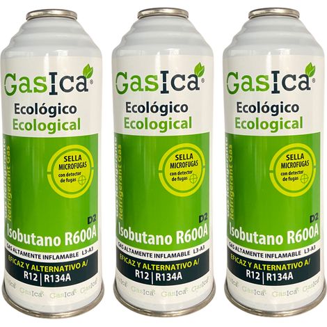 Pack 3 Gasica D2 226g  Sustituto R134a R12  Sella Fugas y Trazador Verde  Gas Ecológico HC  Eficiencia Profesional