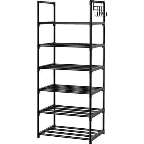 Étagère à Chaussures 6 Niveaux, Rangement Chaussures Gain De Place, Noir, Étagère Chaussure en Métal, Avoir Crochet, Empilable, pour Entrée, Salon, Chambre (1/5)